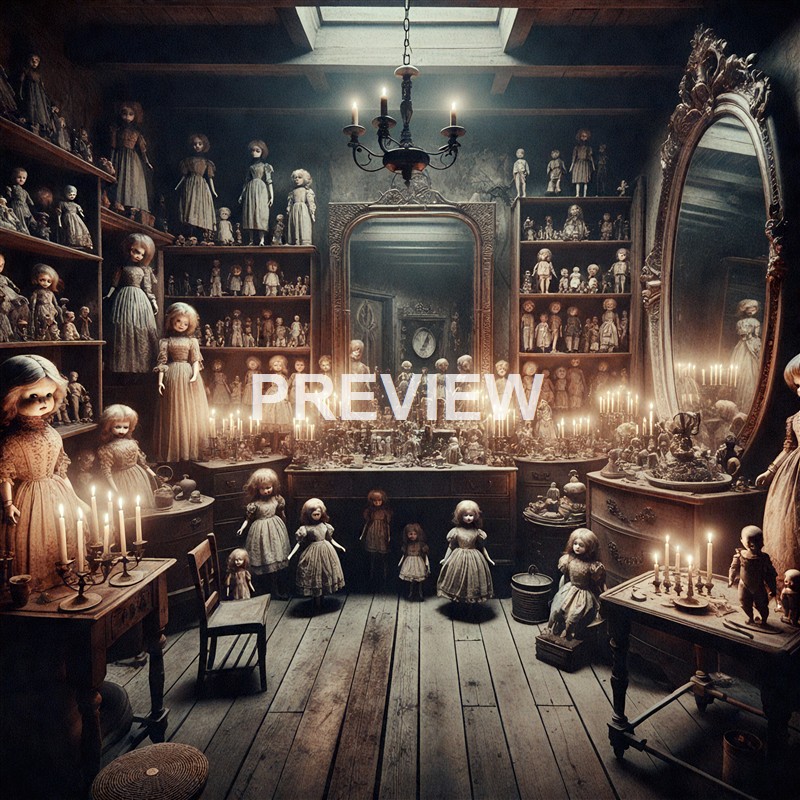 A dimly lit room filled with antique dolls arranged on shelves and tables, with a large ornate mirror and candles providing a haunting glow.
